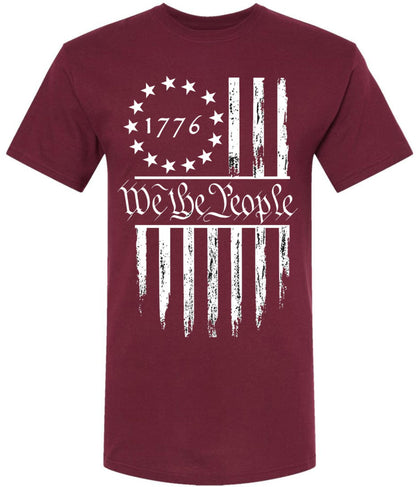 We The People 1776 USA Flag T-Shirt - Long Center Print American Distressed US Flags Patriots Tee Shirt