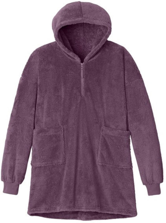 Oversized Plush Fleece Poncho for Women Sherpa Style 1/2 Zip Hooded Popover 100% Polyester