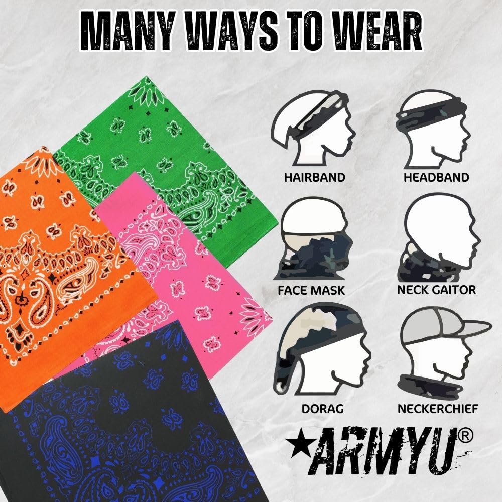ARMYU Classic Trainmen Paisley Bandanas, Military Army Head Scarf Do-rag Cotton Bandanna Cover Biker Rags