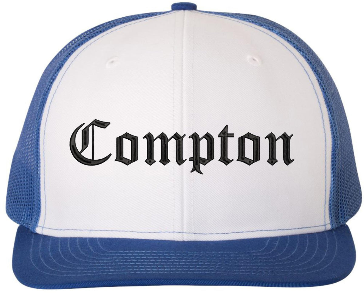 Compton Old English Embroidered Trucker Hat | Classic Deluxe Snapback Mesh Snapback Cap