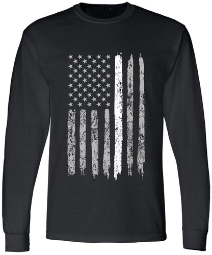 Black USA Flag Thin Line Long Sleeve T-Shirt Patriotic American Support First Responders Tee