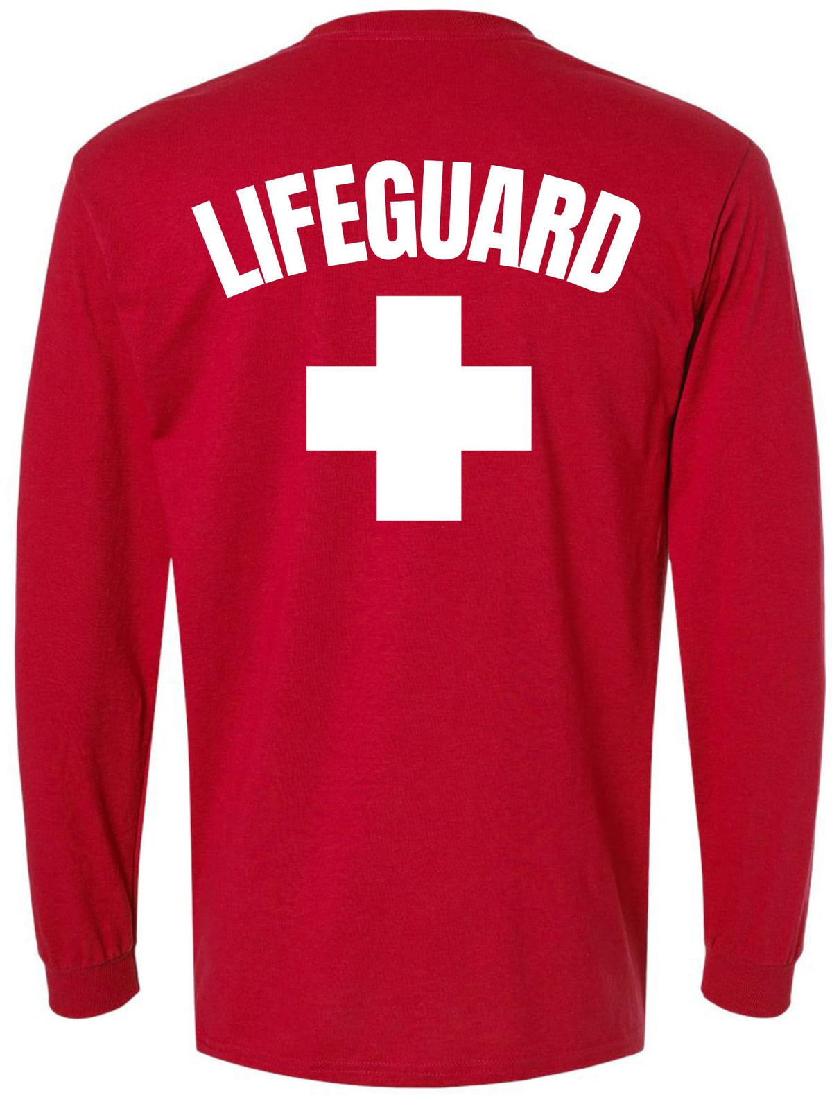 Lifeguard + White Cross Long Sleeve T-Shirt | Double Side Print Water Safety Rescue Watch Beach Pool Patrol Tee