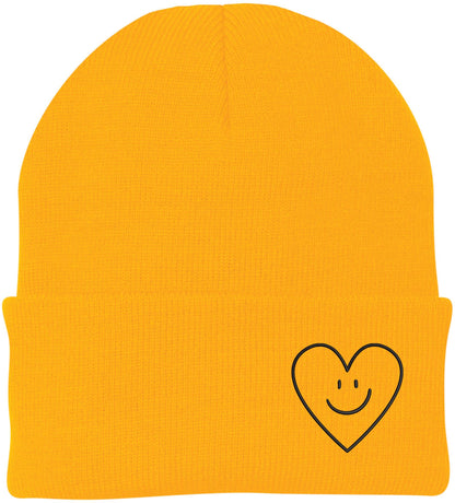 Heart Smiley Face Love Embroidered Beanie - Acrylic Knit Skull Cap