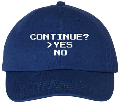 Continue? Yes No Embroidered Baseball Cap | Funny Retro Pixel Gamer Dad Hat | Adjustable Unisex Casual Cotton Hat
