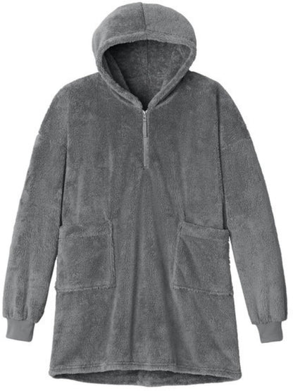 Oversized Plush Fleece Poncho for Women Sherpa Style 1/2 Zip Hooded Popover 100% Polyester