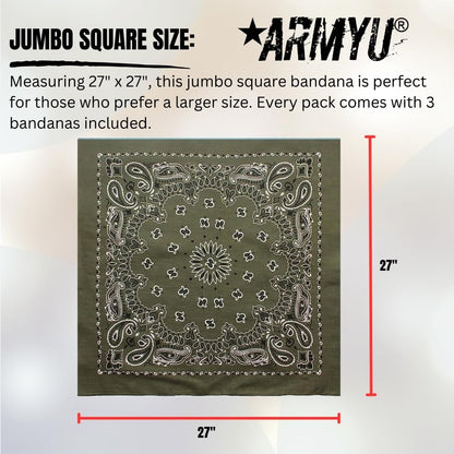 Trainmen Paisley 27" Jumbo Military Bandana Head Scarf Do-rag 100% Cotton Bandanna Face Cover 3-Pack
