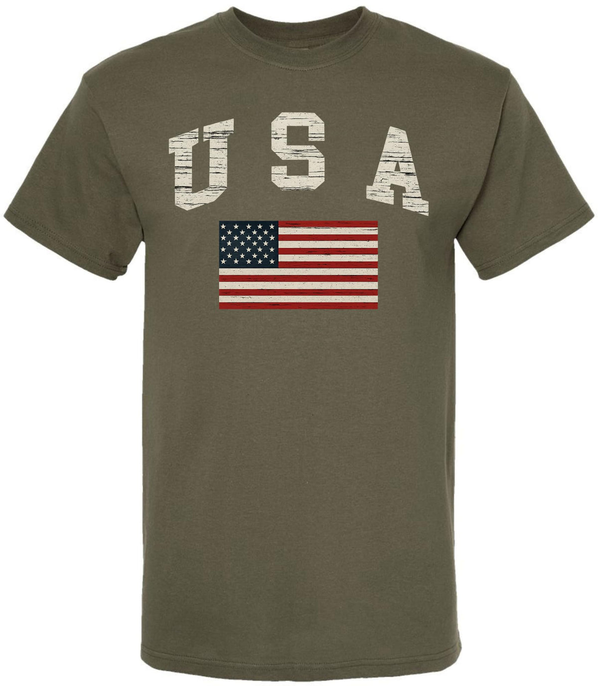USA Text with US Red White Blue Flag T-Shirt | US Patriotic Distressed Print Tee | 100% Cotton Crewneck