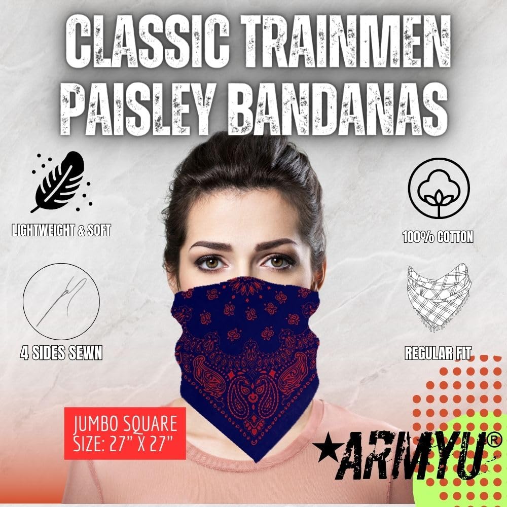 ARMYU Classic Trainmen Paisley Bandanas, Military Army Head Scarf Do-rag Cotton Bandanna Cover Biker Rags