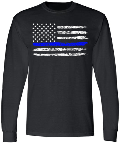 Black USA Flag Thin Line Long Sleeve T-Shirt Patriotic American Support First Responders Tee
