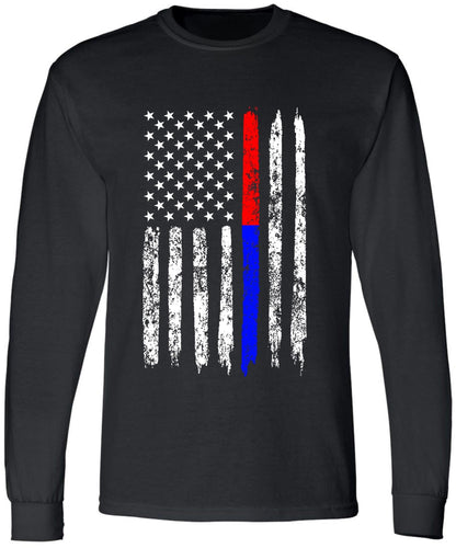 Black USA Flag Thin Line Long Sleeve T-Shirt Patriotic American Support First Responders Tee