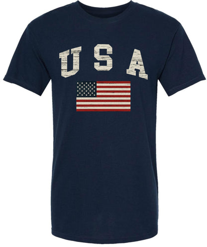 USA Text with US Red White Blue Flag T-Shirt | US Patriotic Distressed Print Tee | 100% Cotton Crewneck