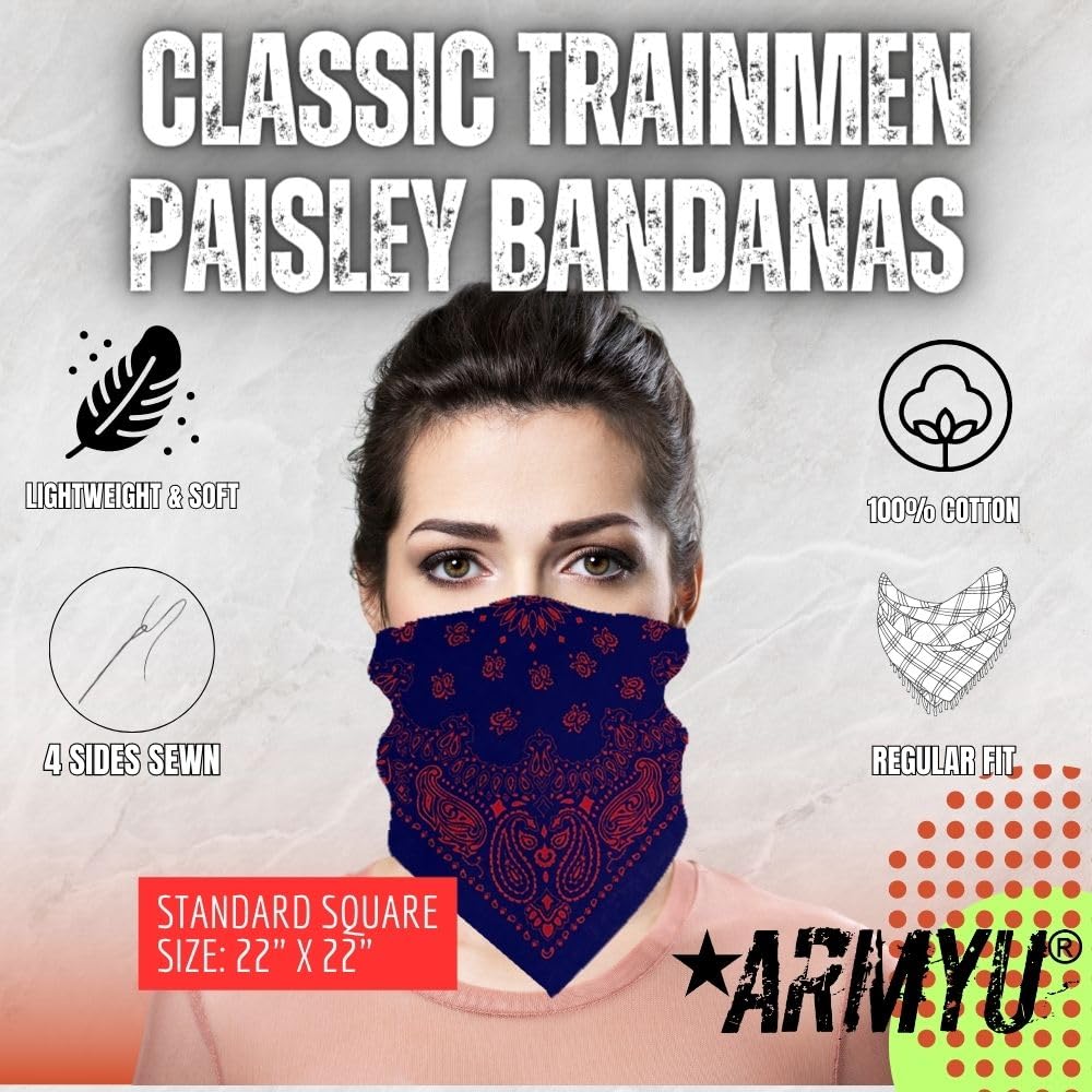 ARMYU Classic Trainmen Paisley Bandanas, Military Army Head Scarf Do-rag Cotton Bandanna Cover Biker Rags