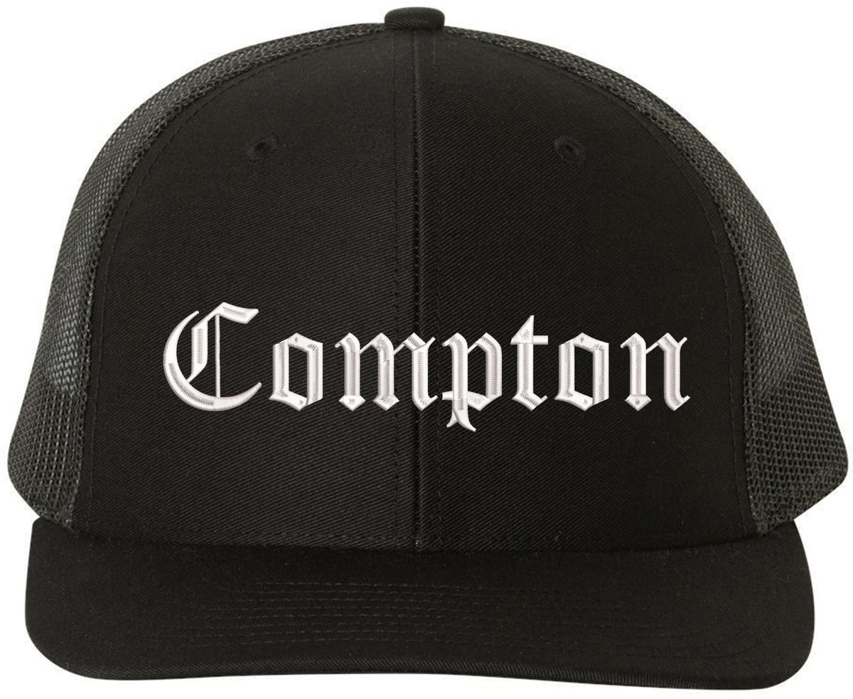 Compton Old English Embroidered Trucker Hat | Classic Deluxe Snapback Mesh Snapback Cap