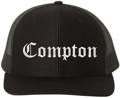 Compton Old English Embroidered Trucker Hat | Classic Deluxe Snapback Mesh Snapback Cap