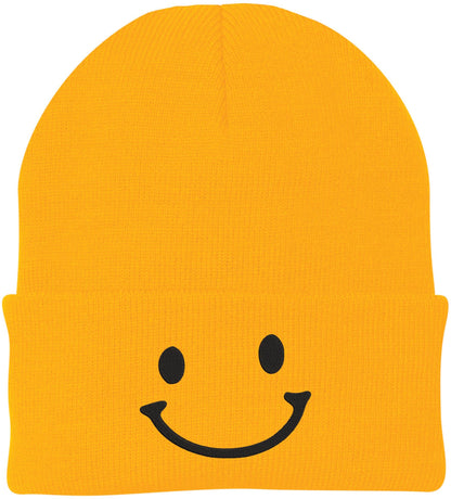 Smiley Face Outline Embroidered Beanie | Cute Knit Winter Hat | Unisex Warm Cuff Skull Cap for Men & Women