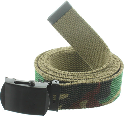 ARMYU Military Web Belt Reversible Cotton Canvas Army Camo & Solid Belts with Black Buckle 54"