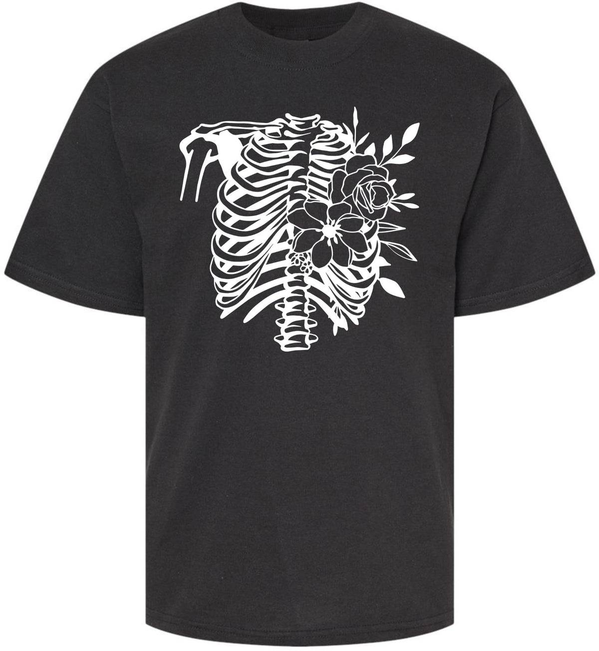 Anatomical Rib Cage & Floral T-Shirt Gothic Skeleton & Flowers Graphic Tee | Short Sleeve Fun Shirt for Kids, Black