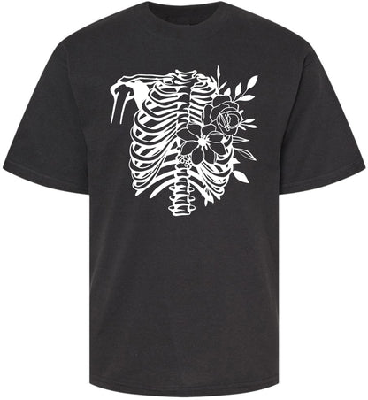 Anatomical Rib Cage & Floral T-Shirt Gothic Skeleton & Flowers Graphic Tee | Short Sleeve Fun Shirt for Kids, Black