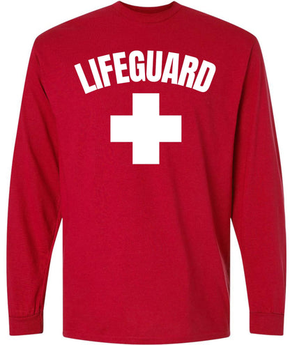 Lifeguard + White Cross Long Sleeve T-Shirt | Double Side Print Water Safety Rescue Watch Beach Pool Patrol Tee