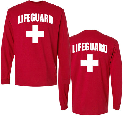 Lifeguard + White Cross Long Sleeve T-Shirt | Double Side Print Water Safety Rescue Watch Beach Pool Patrol Tee