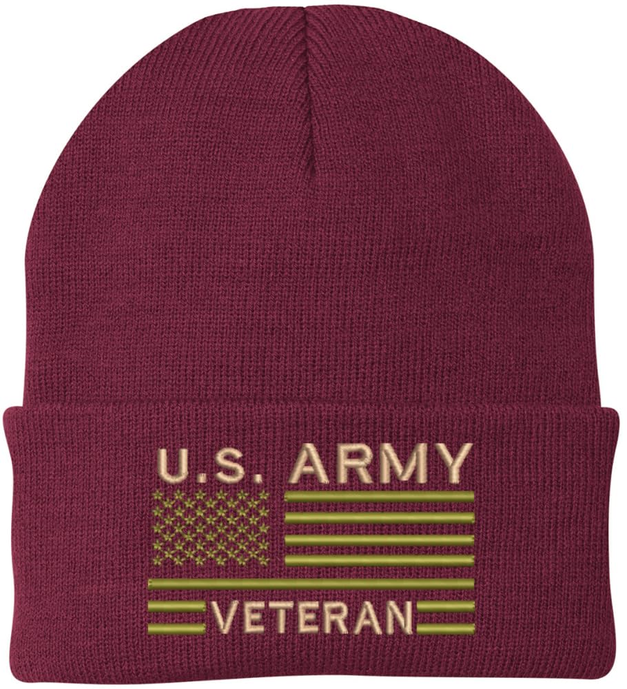 US Army Veteran USA Flag Embroidered Beanie Hat | Warm Knit USA Military Vet Acrylic Watch Cap