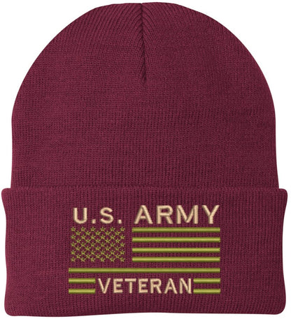 US Army Veteran USA Flag Embroidered Beanie Hat | Warm Knit USA Military Vet Acrylic Watch Cap