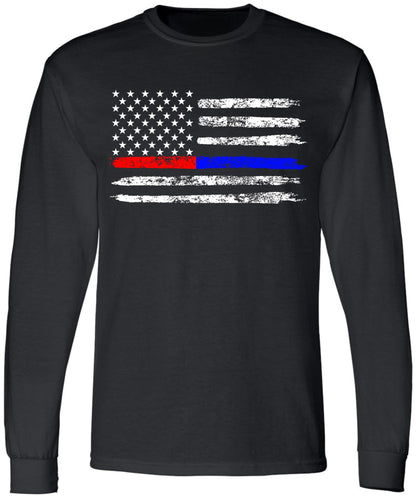 Black USA Flag Thin Line Long Sleeve T-Shirt Patriotic American Support First Responders Tee