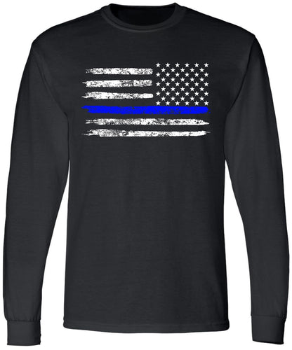 Black USA Flag Thin Line Long Sleeve T-Shirt Patriotic American Support First Responders Tee