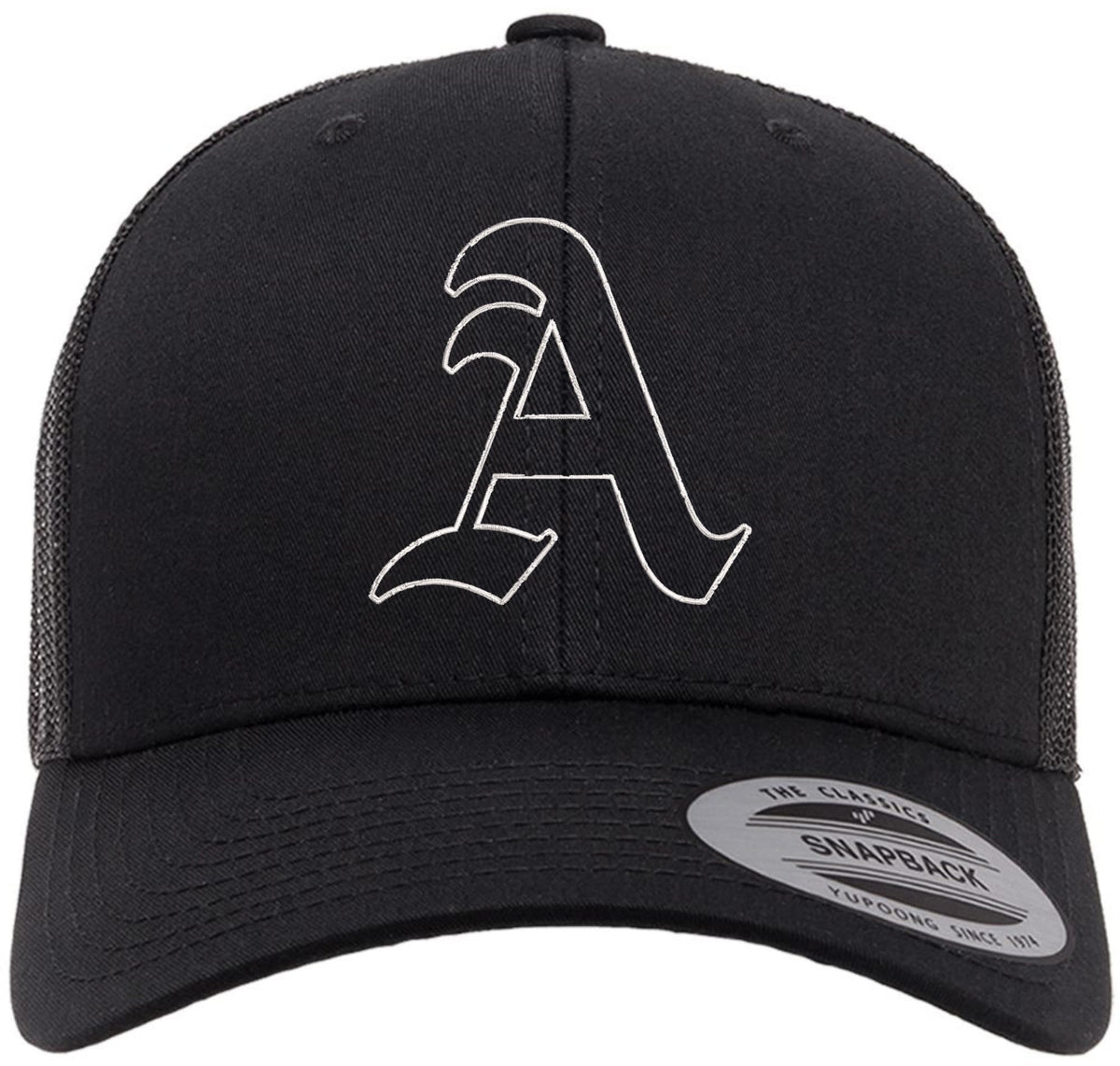 Classic A Letter Embroidered Trucker Hat | Old English Alphabet Adjustable Snapback Unisex Casual Meshback Cap