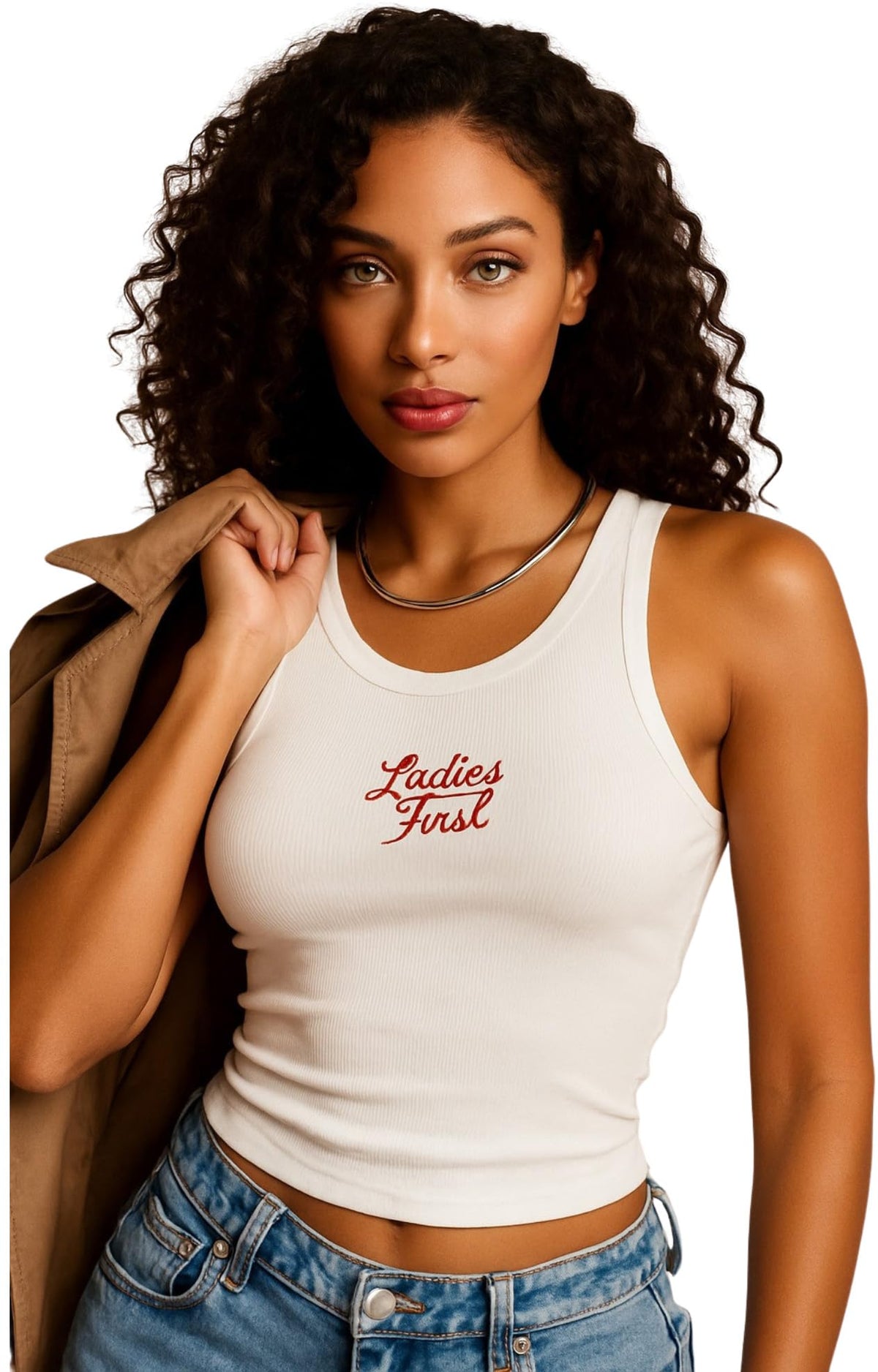 Ladies First Embroidered Micro-Rib Racer Tank Top | Casual Heavyweight Sleeveless Cool Sexy Shirt, White