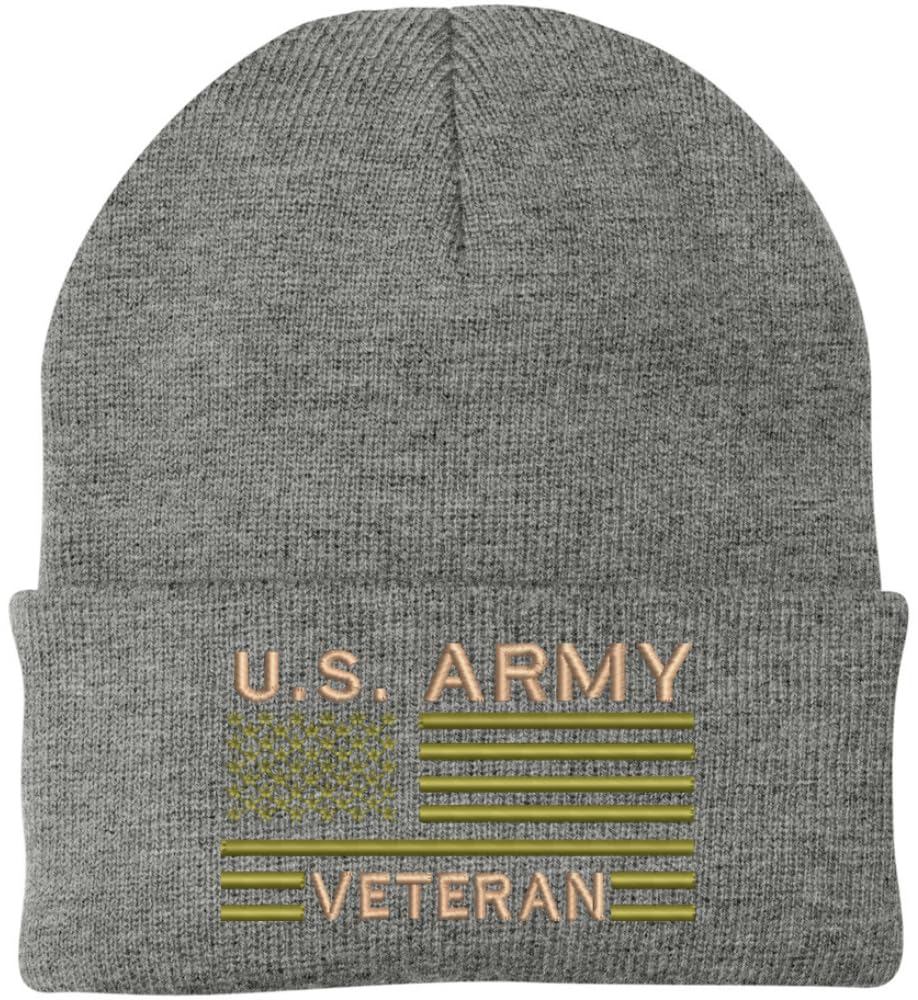 US Army Veteran USA Flag Embroidered Beanie Hat | Warm Knit USA Military Vet Acrylic Watch Cap