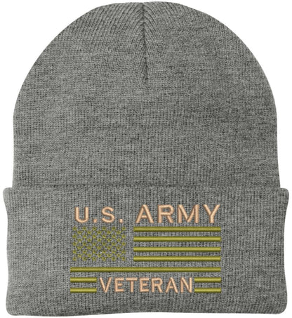 US Army Veteran USA Flag Embroidered Beanie Hat | Warm Knit USA Military Vet Acrylic Watch Cap
