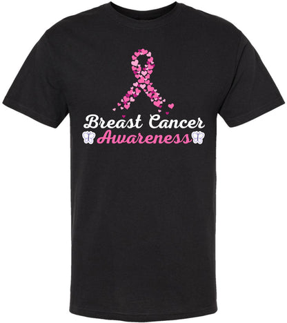 Breast Cancer Awareness Heart Love Ribbon T-Shirt | Crewneck Short Sleeve Unisex Tee, Black