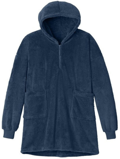 Oversized Plush Fleece Poncho for Women Sherpa Style 1/2 Zip Hooded Popover 100% Polyester