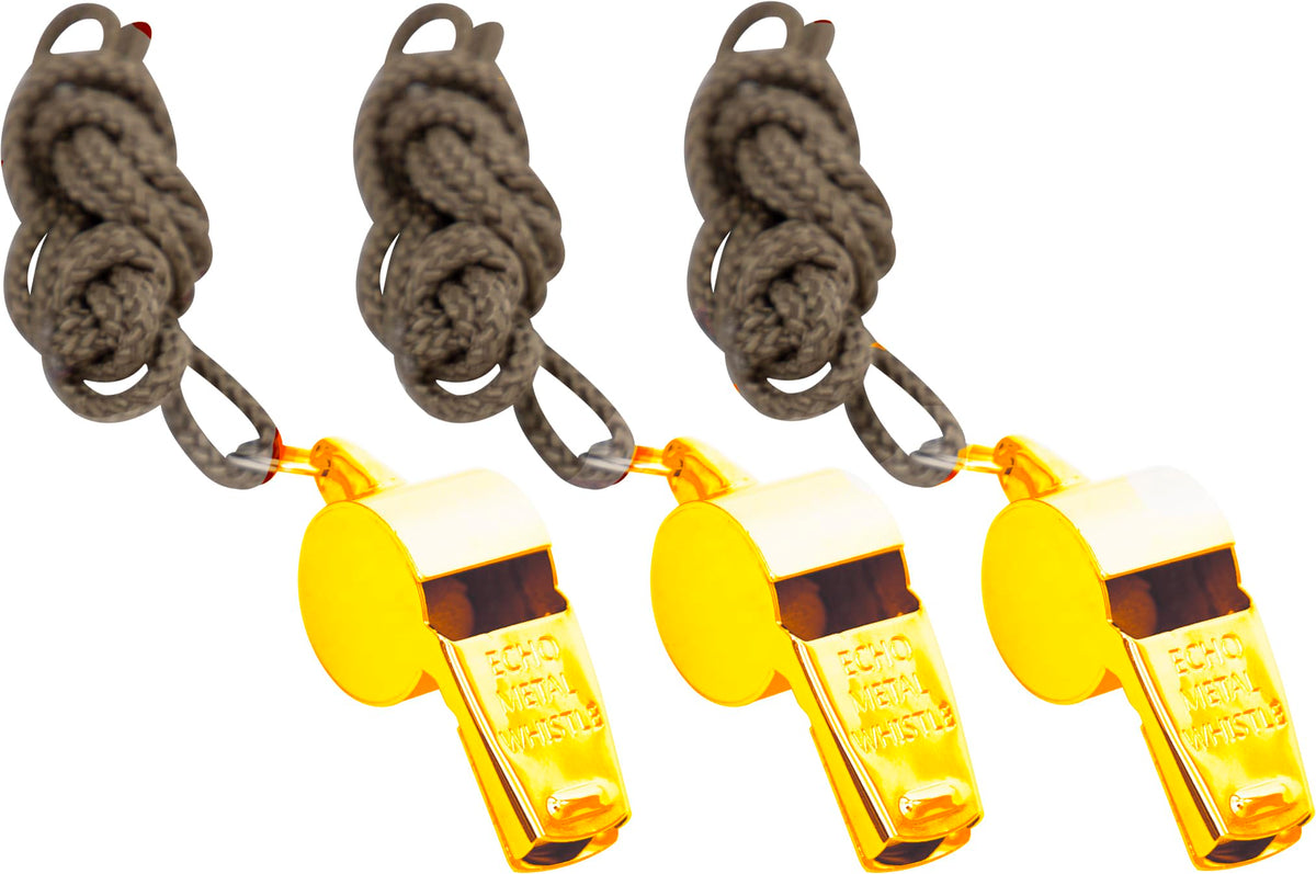Police Whistle Echo Metal Loud Sound with Lanyard | GI Style Military Brass or Silver Army Whistles | 3-Pack