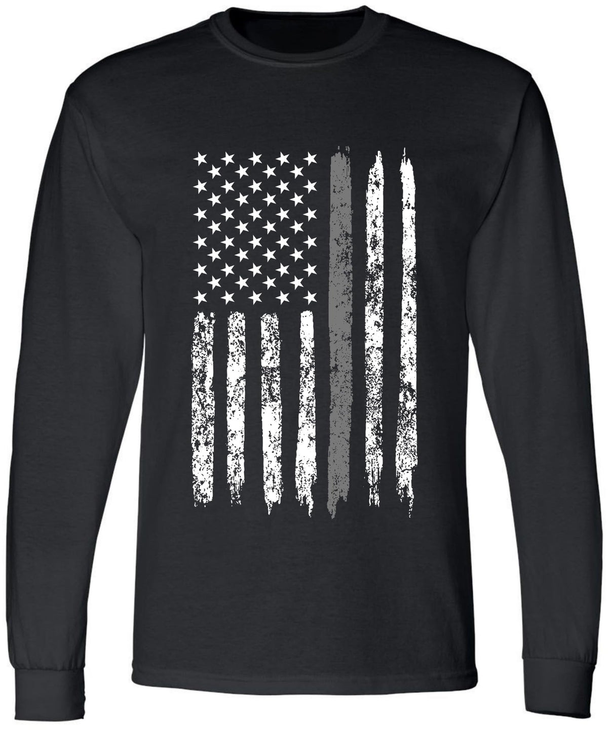 Black USA Flag Thin Line Long Sleeve T-Shirt Patriotic American Support First Responders Tee