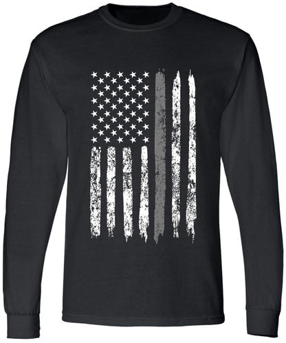 Black USA Flag Thin Line Long Sleeve T-Shirt Patriotic American Support First Responders Tee