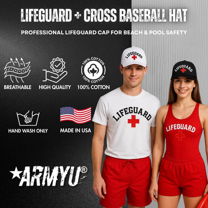 LIFEGUARD + CROSS Baseball Hat | Structured Life Guard Red White Cross Beach Rescue Watch Pool Safety Duty Uniform Cap