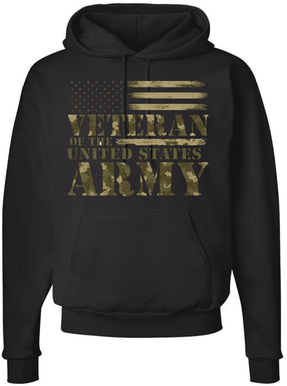 Veteran of the United States Army Hoodie Patriotic Military Camo Graphic Pullover Sweatshirt for Men & Women, Black