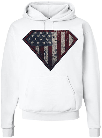 Patriotic American Super Flag Shield Printed Hoodie | Distressed USA Pullover Cool Superhero Sweatshirt