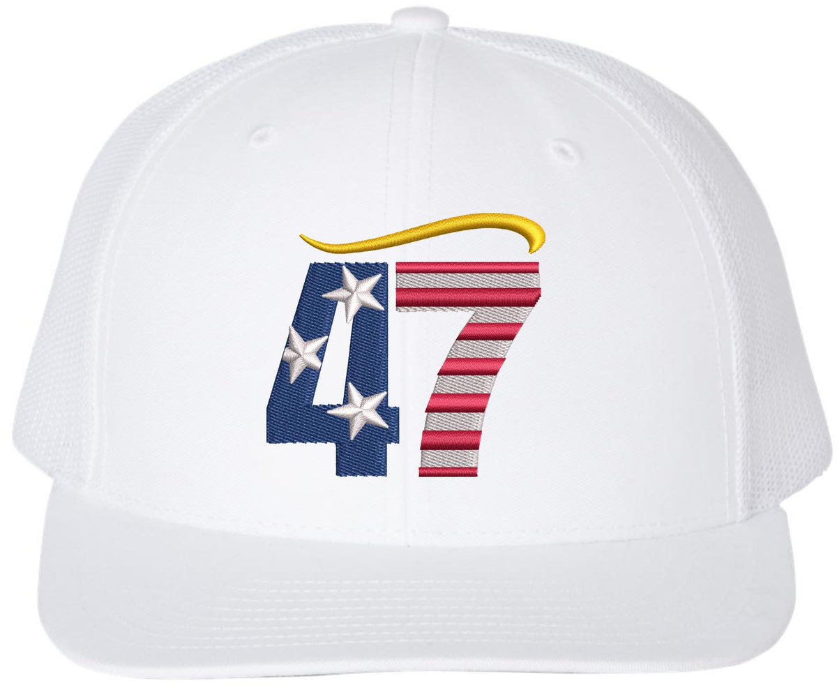 47 USA Flag Hair Top Embroidered Trucker Hat | Support President American Mesh Snapback Unisex Cap