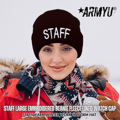 STAFF Large Embroidered Beanie Fleece Lined Watch Cap STAFF Warm Winter Work Uniform Hat