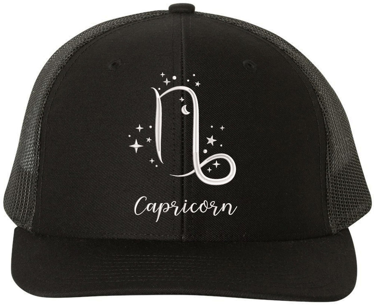 Zodiac Signs Embroidered Trucker Hat | Adjustable Snapback Astrology Horoscope Monthly Symbols Designs Mesh Cap, Black