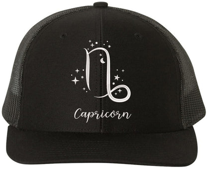 Zodiac Signs Embroidered Trucker Hat | Adjustable Snapback Astrology Horoscope Monthly Symbols Designs Mesh Cap, Black