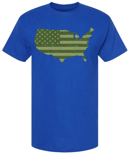 American Flag Distressed USA Map Printed T-Shirt | US Outline Graphic Tee | 100% Cotton Crewneck