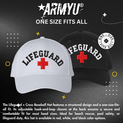 LIFEGUARD + CROSS Baseball Hat | Structured Life Guard Red White Cross Beach Rescue Watch Pool Safety Duty Uniform Cap