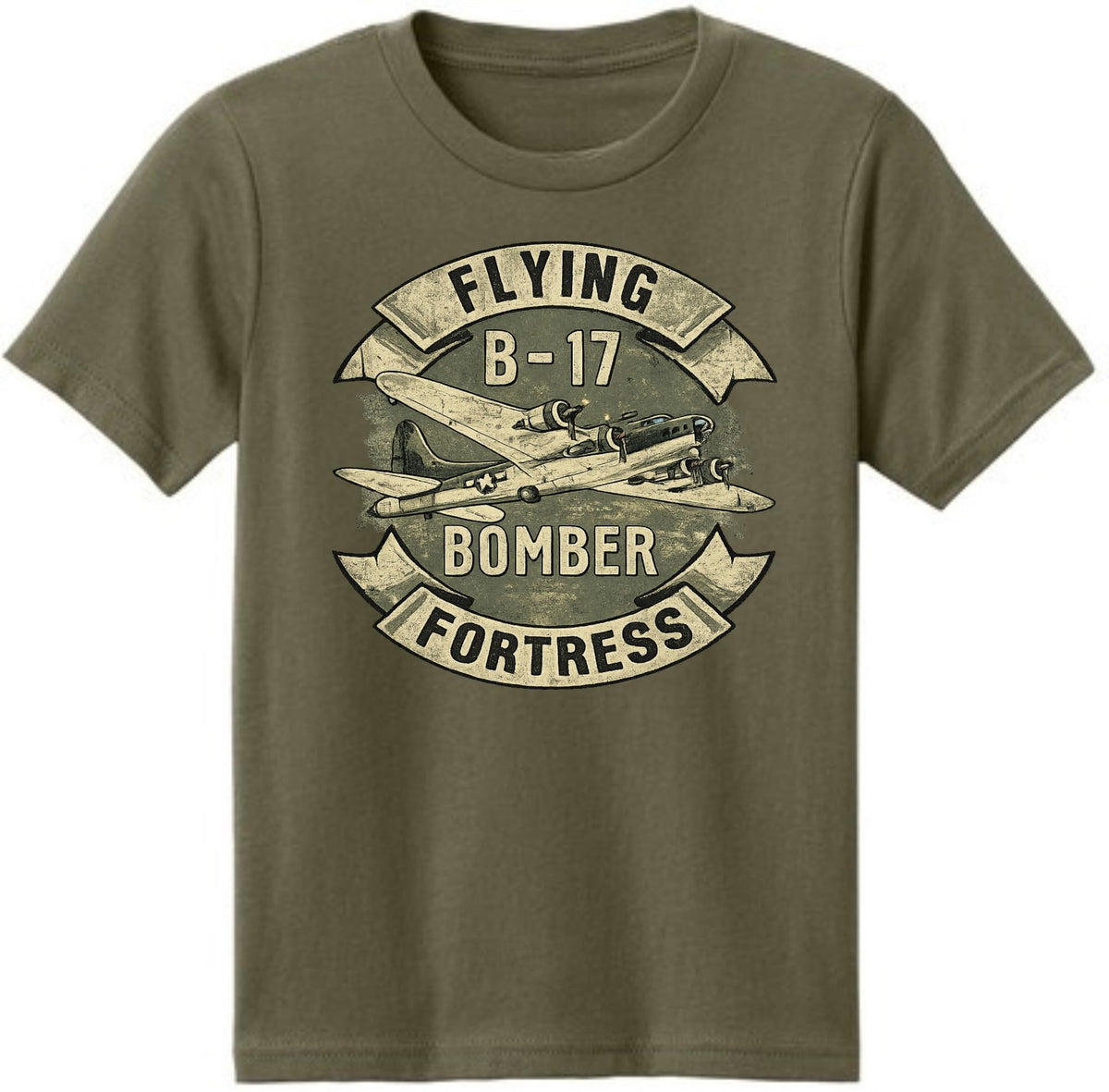 Flying Fortress B17 Bomber Jet Kids T-Shirt | USA Airplane Army B-17 100% Cotton Youth Tee Shirt, Military Green