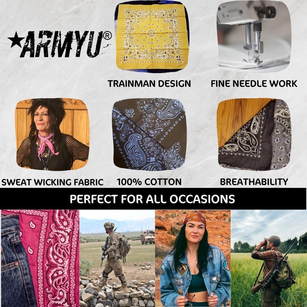 ARMYU Classic Trainmen Paisley Bandanas, Military Army Head Scarf Do-rag Cotton Bandanna Cover Biker Rags