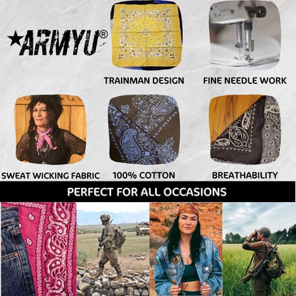 ARMYU Classic Trainmen Paisley Bandanas, Military Army Head Scarf Do-rag Cotton Bandanna Cover Biker Rags