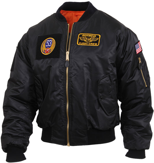 Black - MA-1 Flight Jacket Air Force Style Bomber Coat Customizeable with Patches Sections